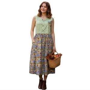 LG 100% Cotton Dress Teacher Garden Vibrant Patchwork Print Maxi Modest Spring